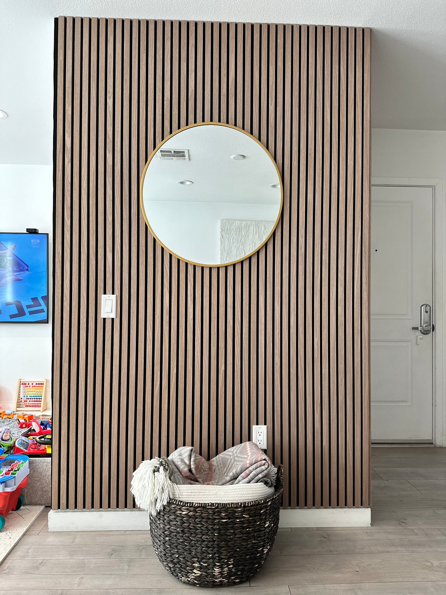 Wood Acoustic Wall Panels Walnut Color Two Tone Accent Slat Wall Decor 2 ft wide by 9.5 ft long