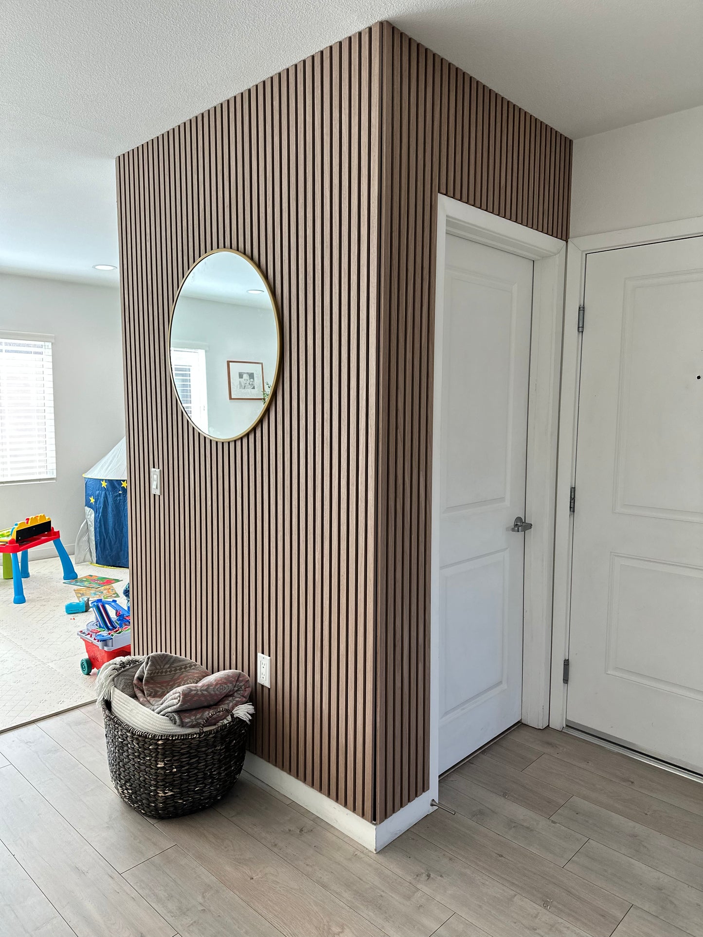 Wood Acoustic Wall Panels Walnut Color Two Tone Accent Slat Wall Decor 2 ft wide by 9.5 ft long
