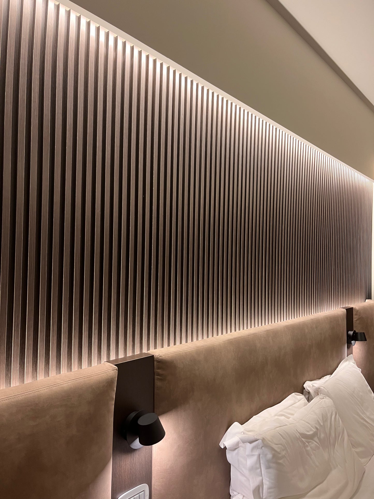 Wood Acoustic Wall Panels Walnut Color Two Tone Accent Slat Wall Decor 2 ft wide by 9.5 ft long