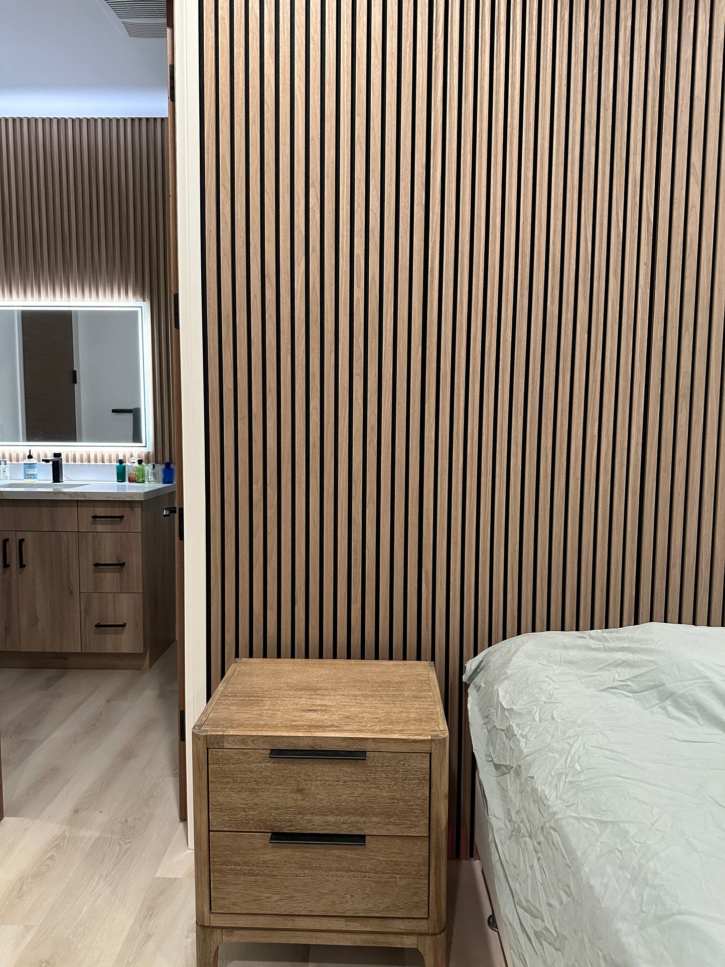 Wood Acoustic Wall Panels Walnut Color Two Tone Accent Slat Wall Decor 2 ft wide by 9.5 ft long