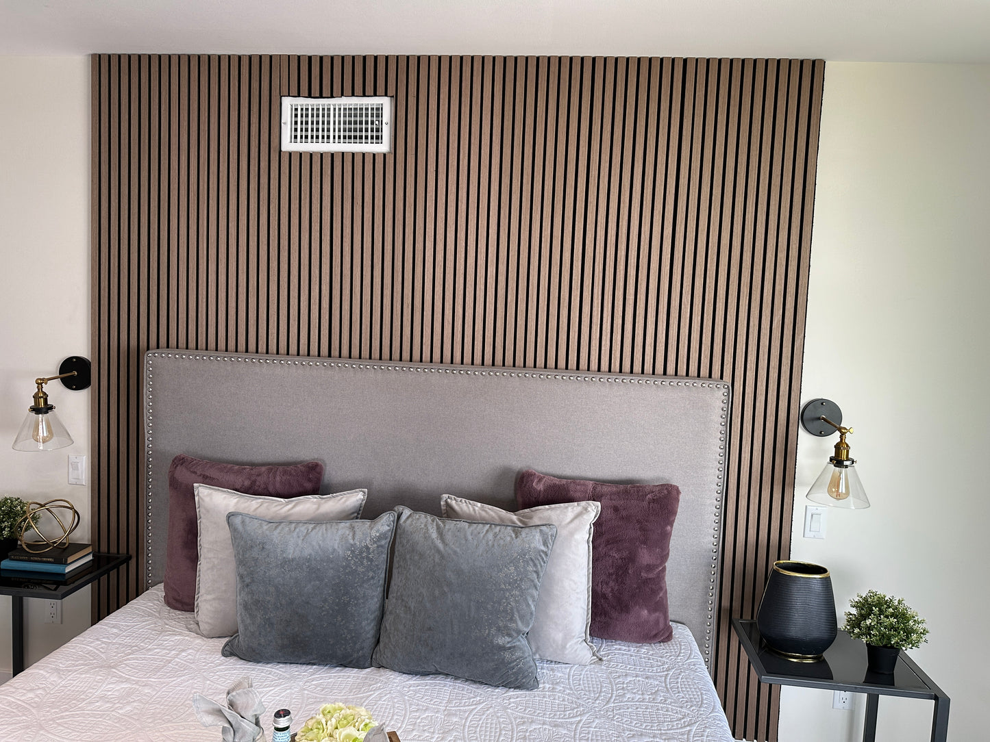 Wood Acoustic Wall Panels Walnut Color Two Tone Accent Slat Wall Decor 2 ft wide by 9.5 ft long