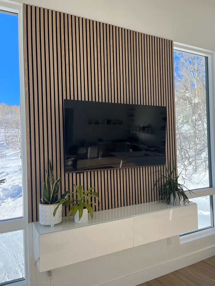 Wood Acoustic Wall Panels Walnut Color Two Tone Accent Slat Wall Decor 2 ft wide by 9.5 ft long
