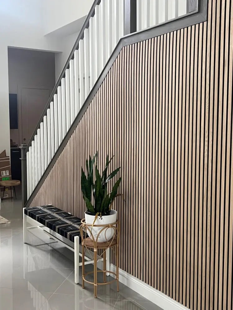 Wood Acoustic Wall Panels Walnut Color Two Tone Accent Slat Wall Decor 2 ft wide by 9.5 ft long