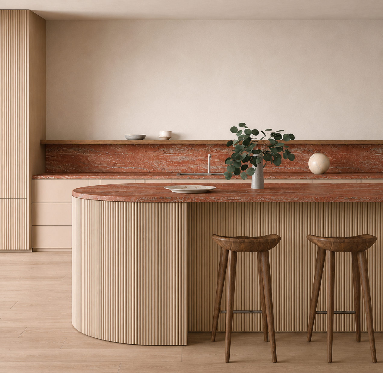 Round Flexible Tambour Wall Panels in Premium White Oak Color