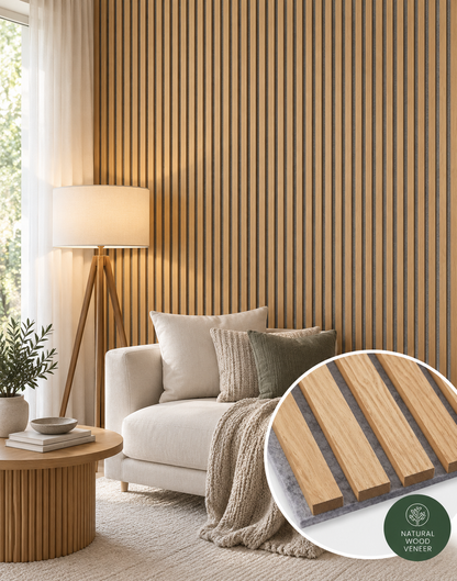 Oak Acoustic Wood Slat Wall Panels Gray Felt Backing 10FT